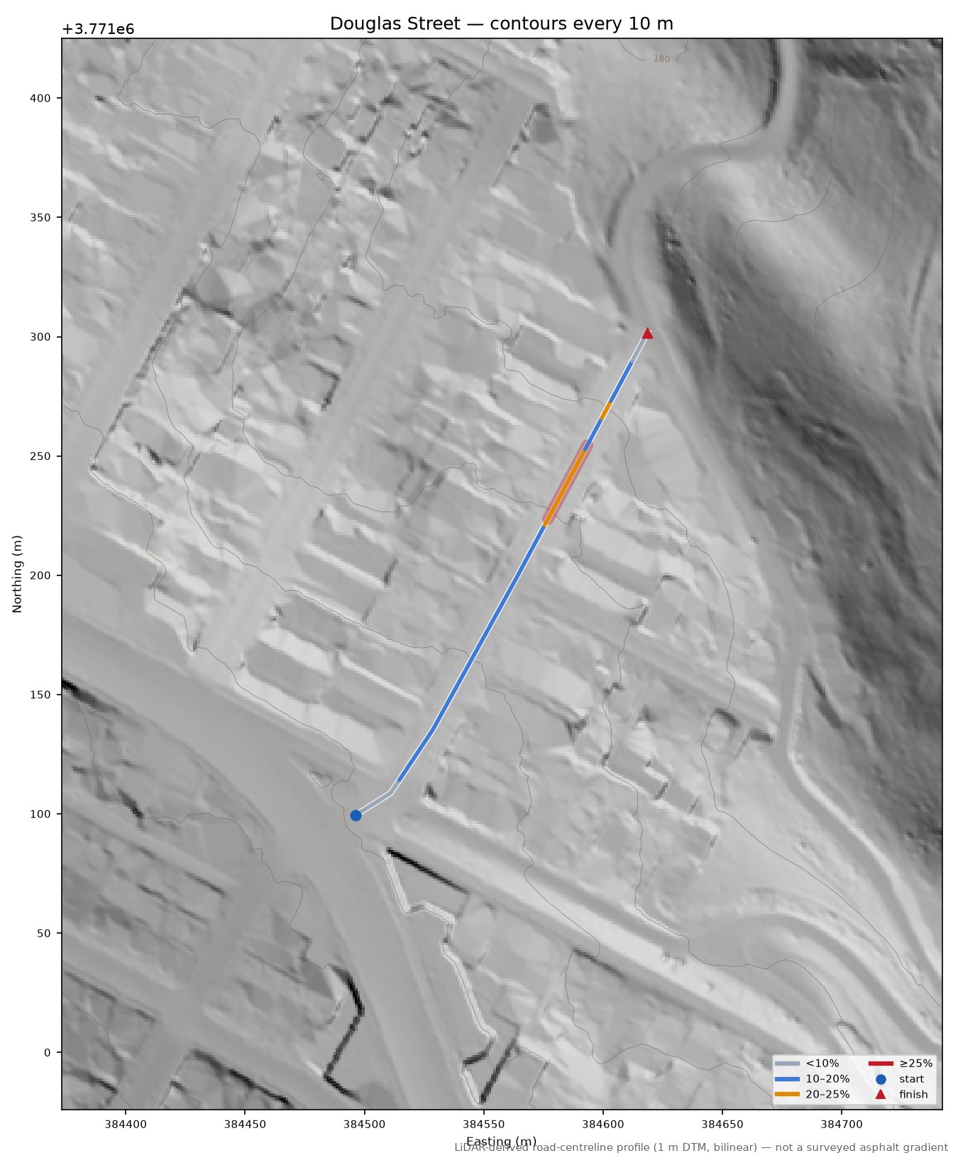 Douglas Street LiDAR hillshade map with contours