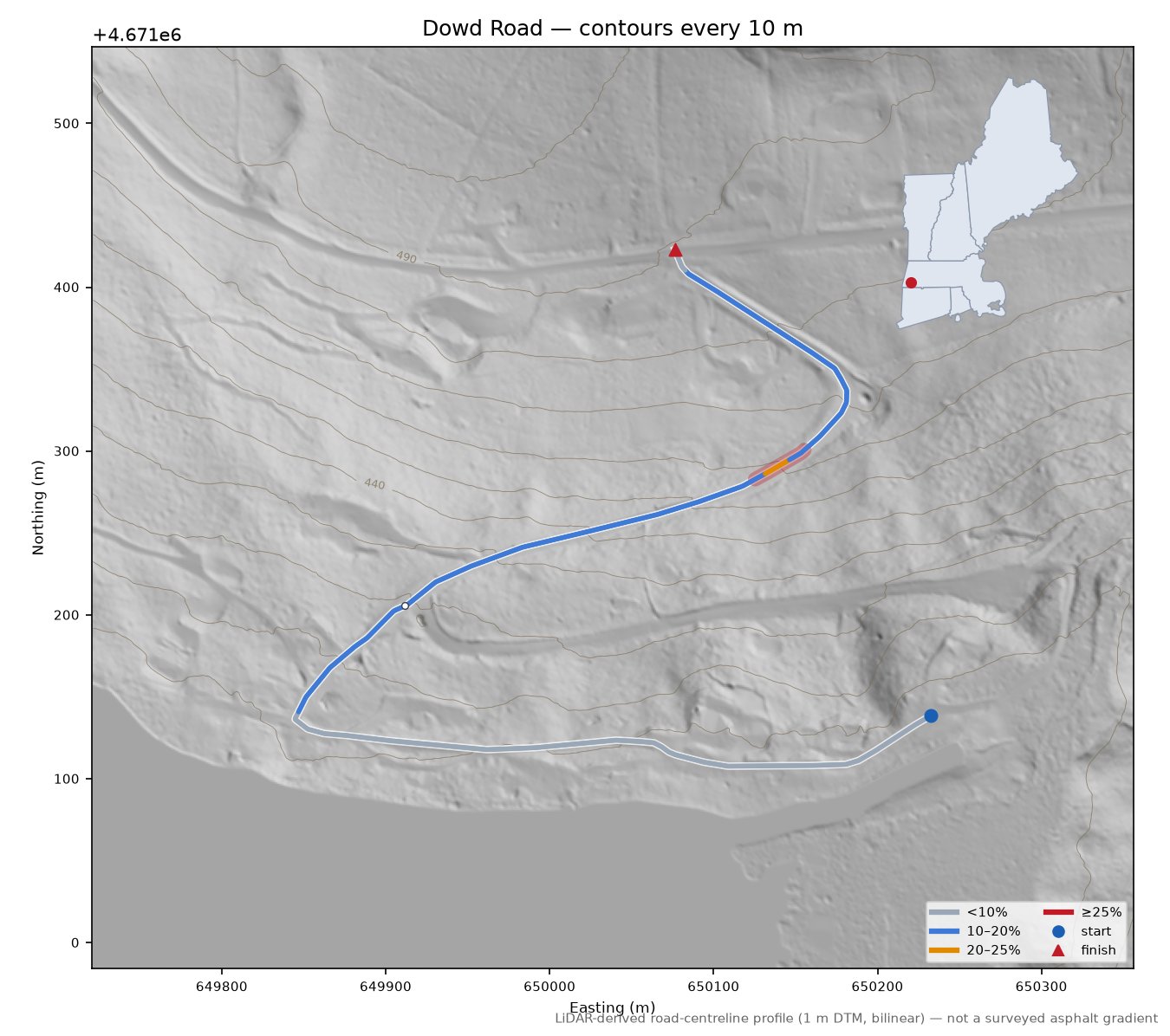 Dowd Road LiDAR hillshade map with contours