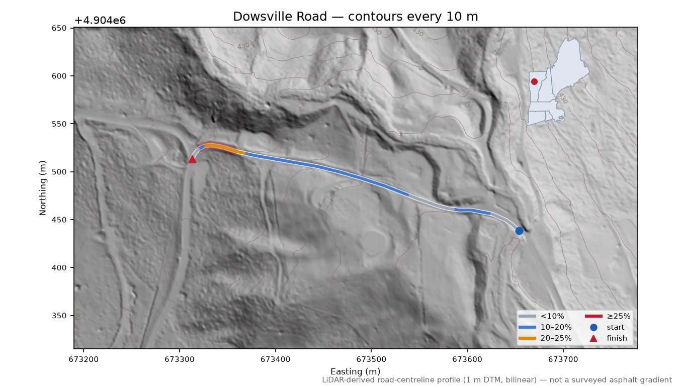 Dowsville Road LiDAR hillshade map with contours