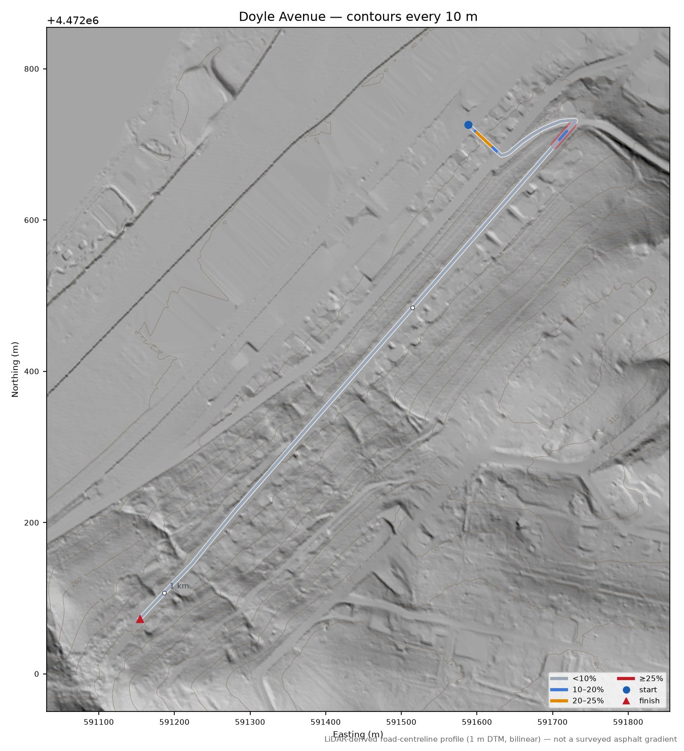Doyle Avenue LiDAR hillshade map with contours
