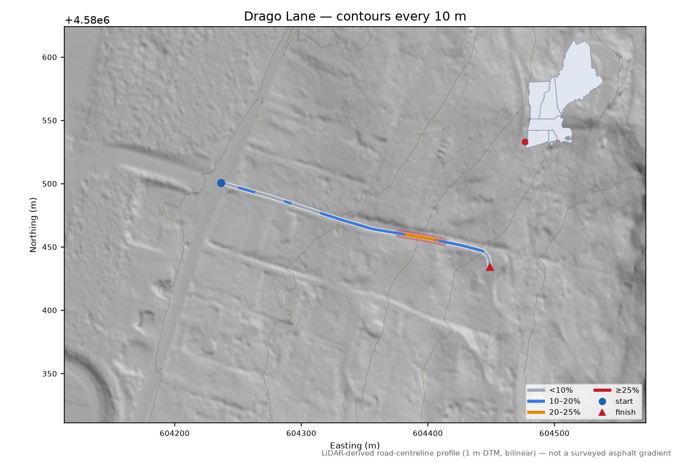 Drago Lane LiDAR hillshade map with contours