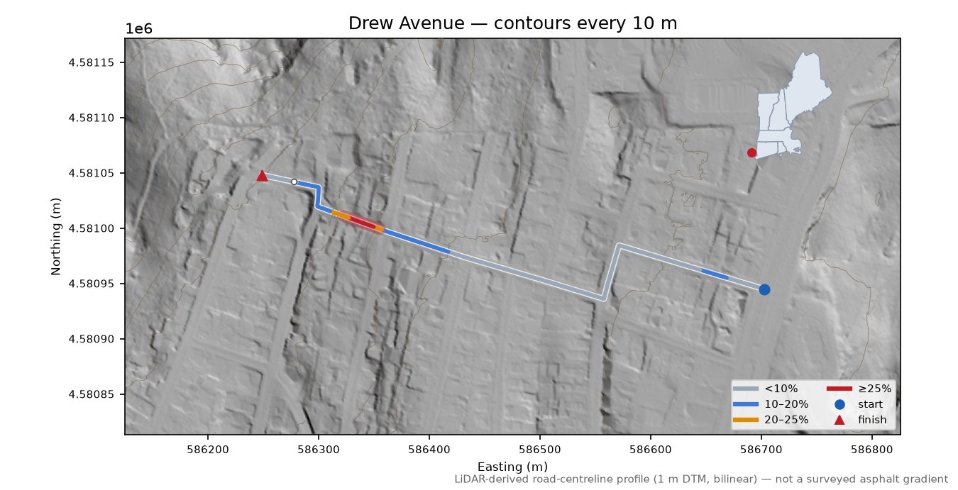 Drew Avenue LiDAR hillshade map with contours