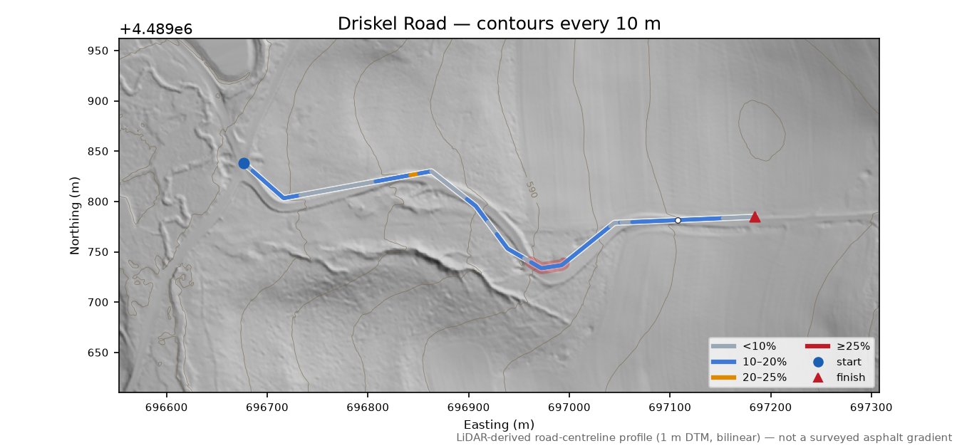 Driskel Road LiDAR hillshade map with contours