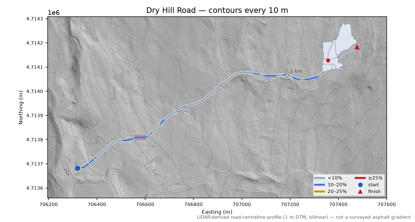 Dry Hill Road LiDAR hillshade map with contours