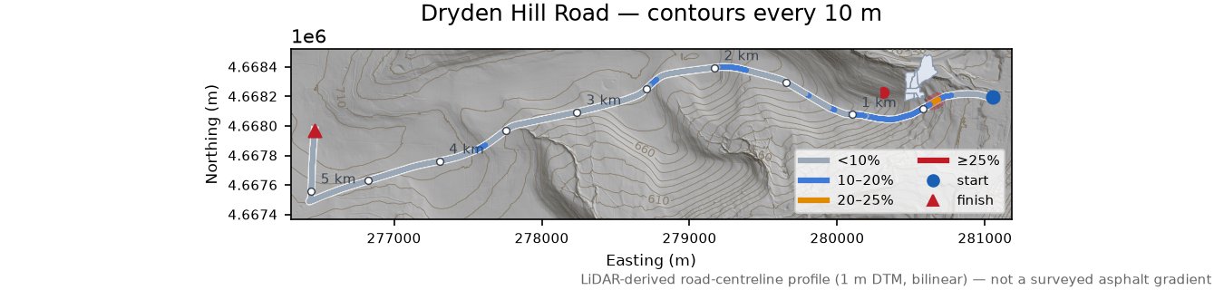Dryden Hill Road LiDAR hillshade map with contours