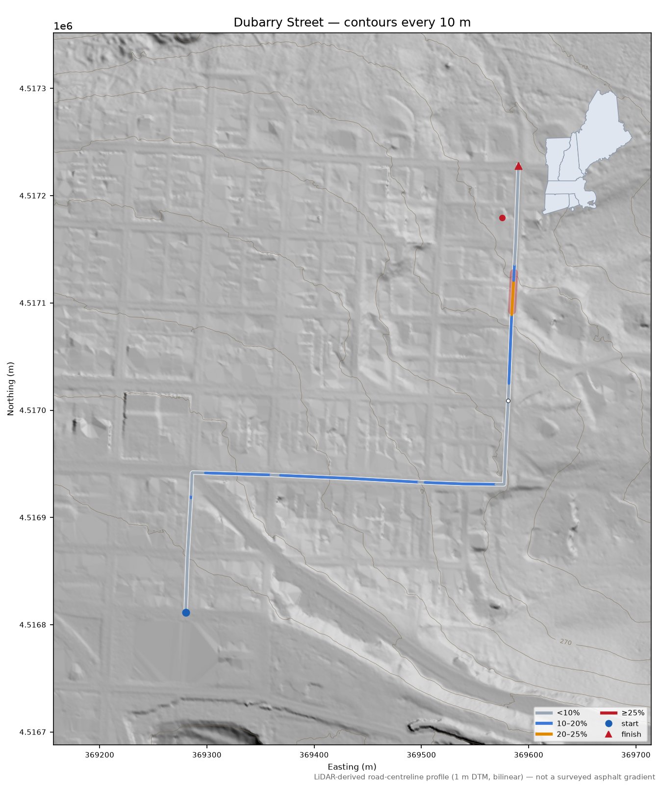 Dubarry Street LiDAR hillshade map with contours