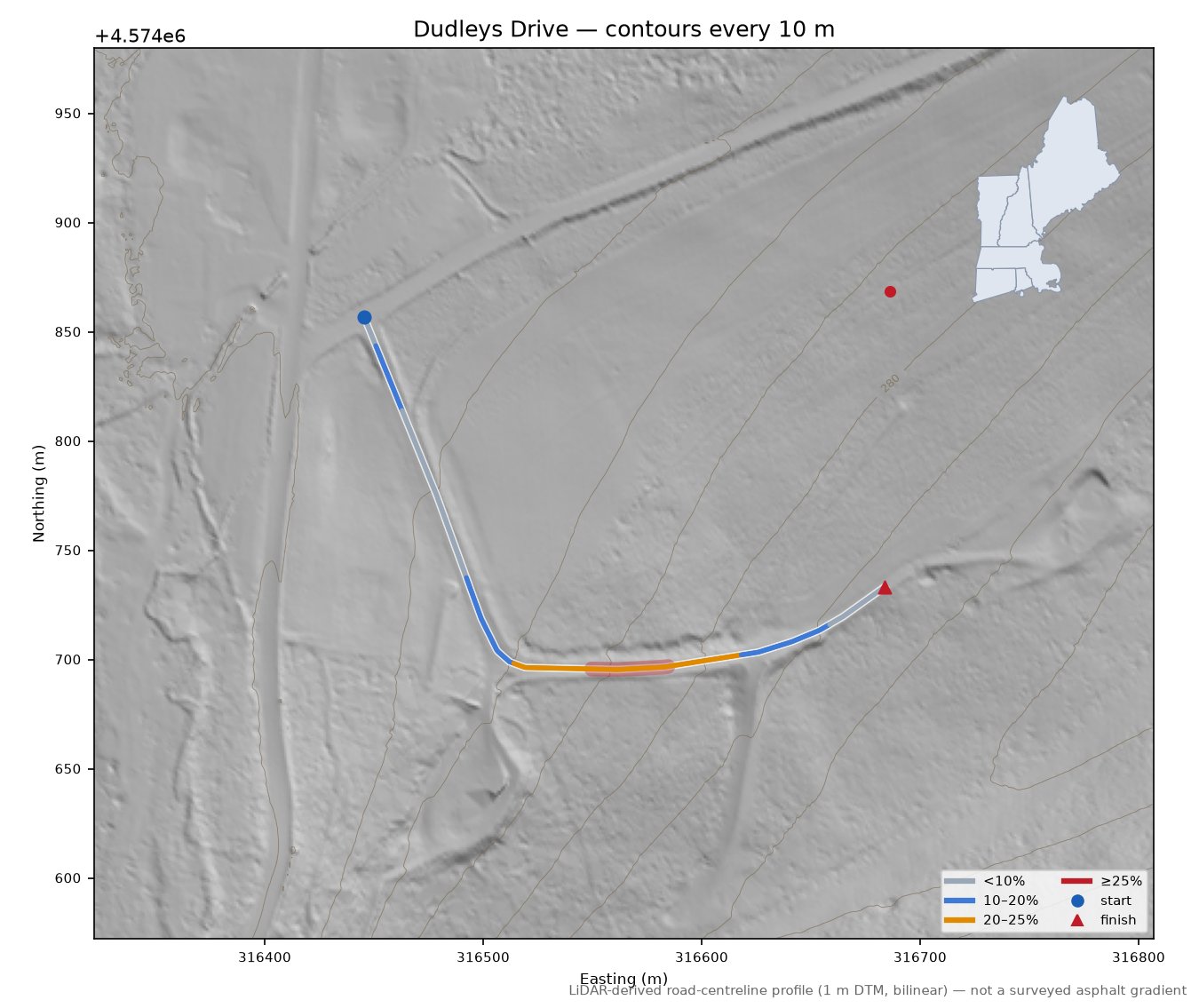 Dudleys Drive LiDAR hillshade map with contours