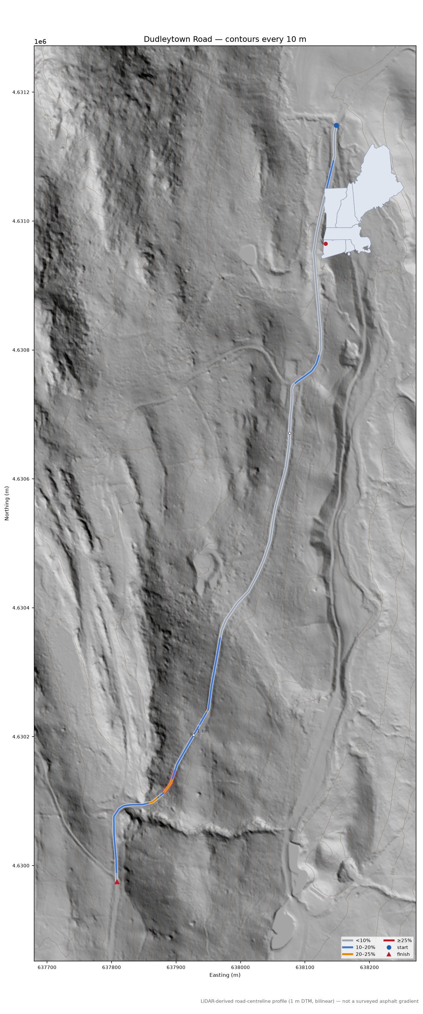 Dudleytown Road LiDAR hillshade map with contours