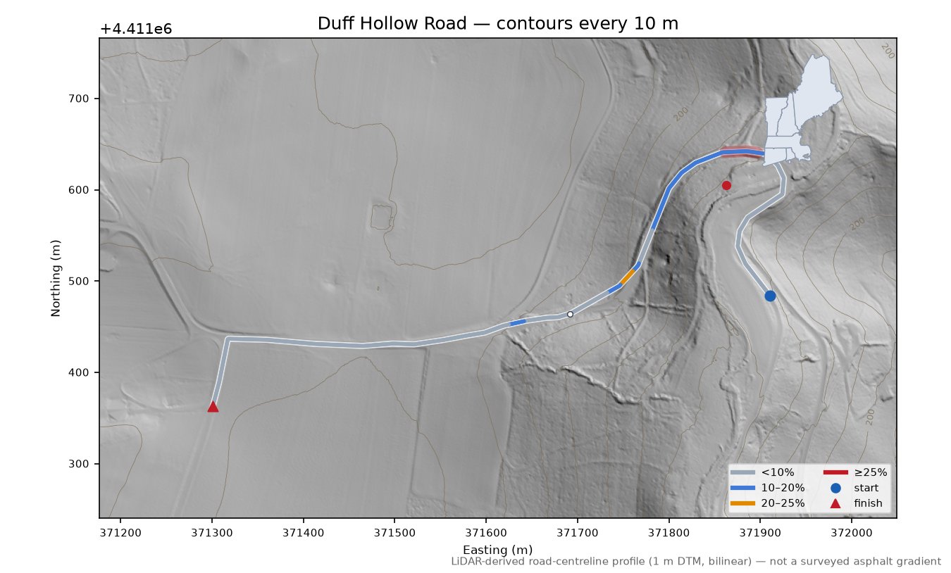 Duff Hollow Road LiDAR hillshade map with contours