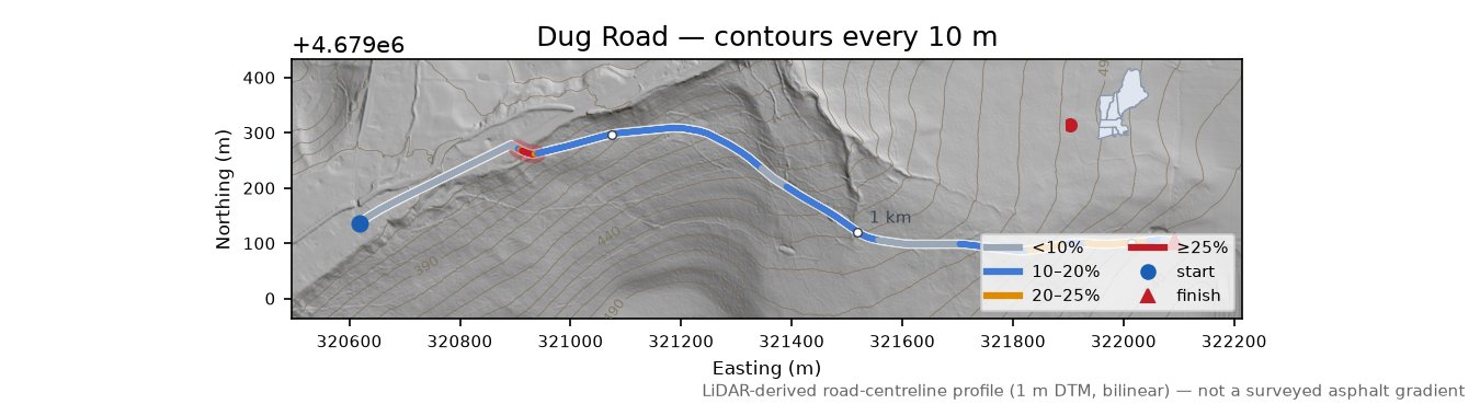 Dug Road LiDAR hillshade map with contours