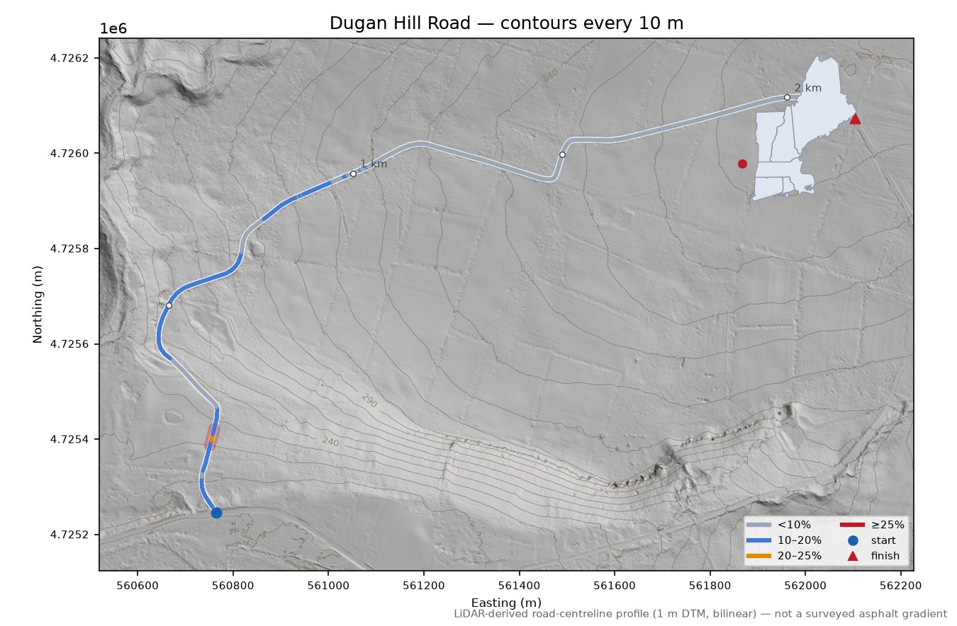 Dugan Hill Road LiDAR hillshade map with contours