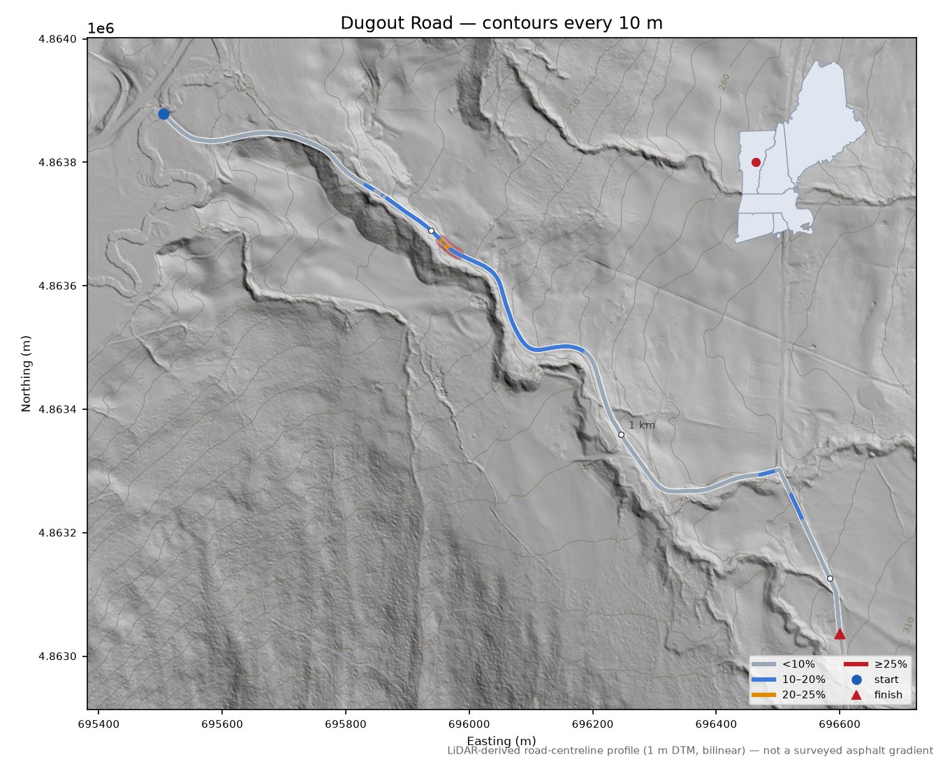 Dugout Road LiDAR hillshade map with contours