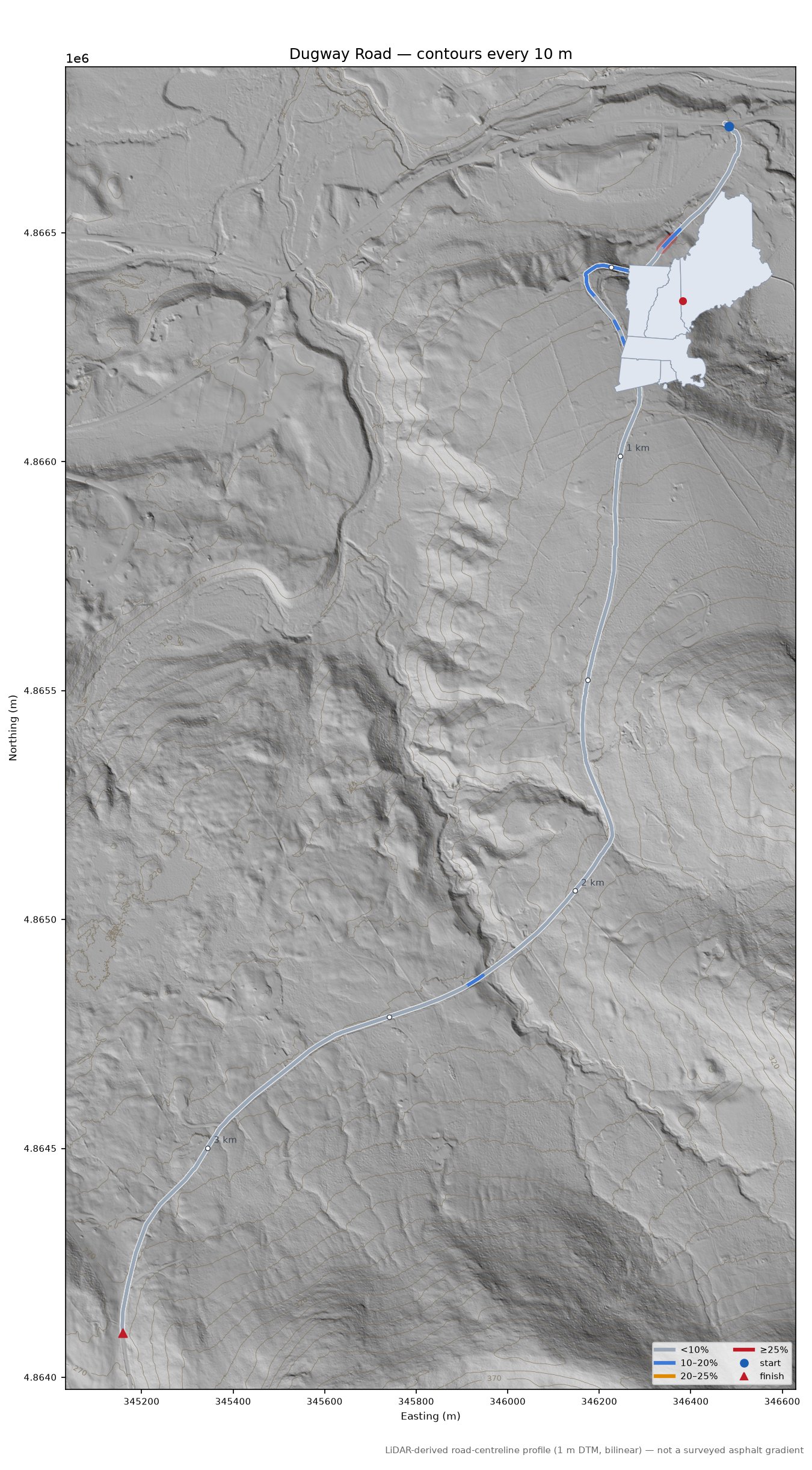 Dugway Road LiDAR hillshade map with contours