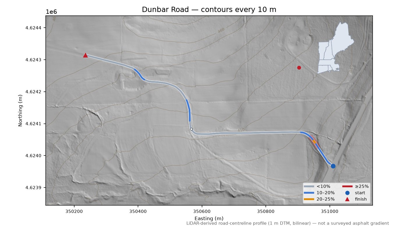 Dunbar Road LiDAR hillshade map with contours