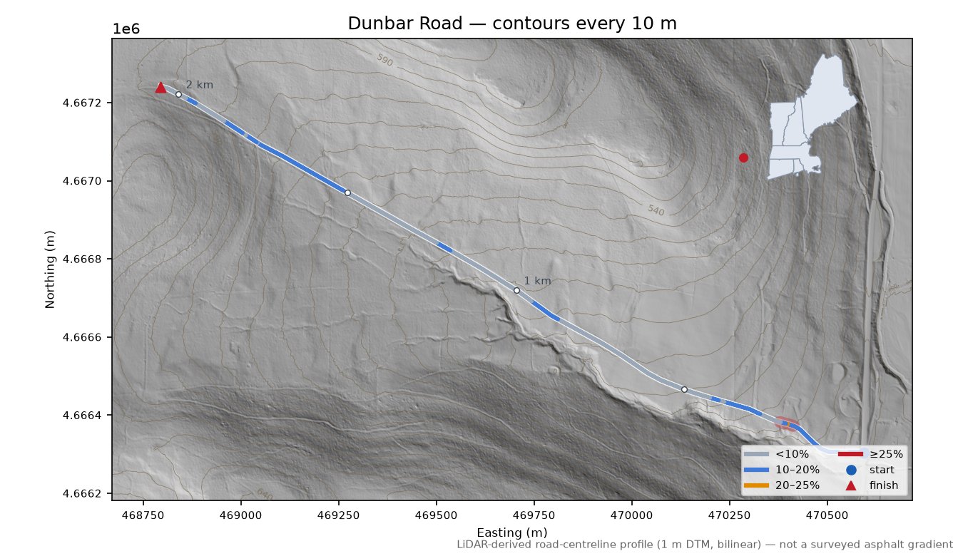 Dunbar Road LiDAR hillshade map with contours