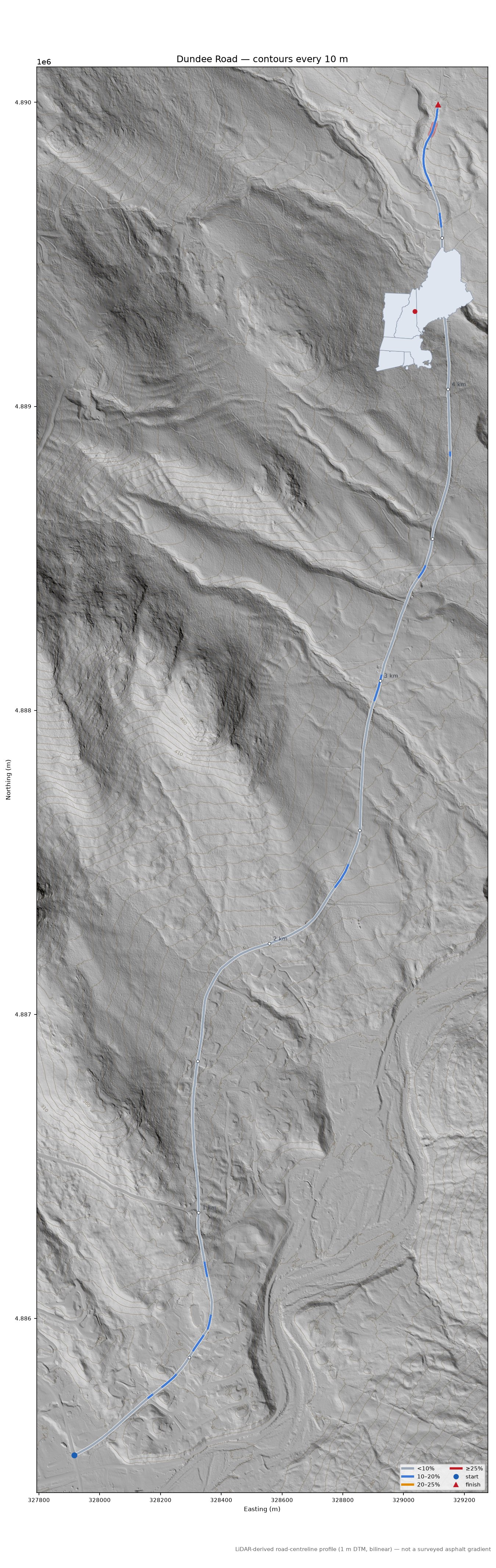 Dundee Road LiDAR hillshade map with contours