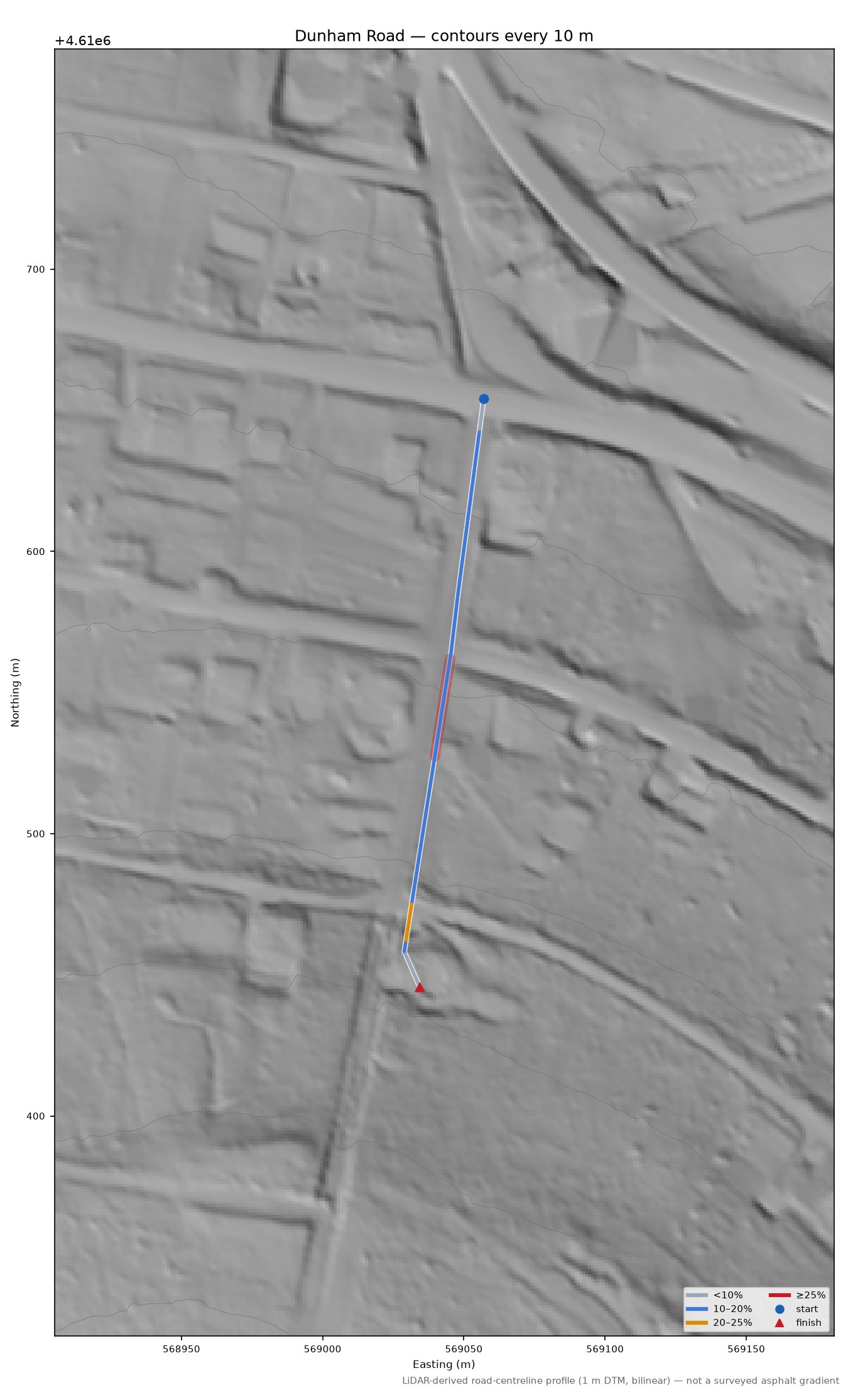 Dunham Road LiDAR hillshade map with contours