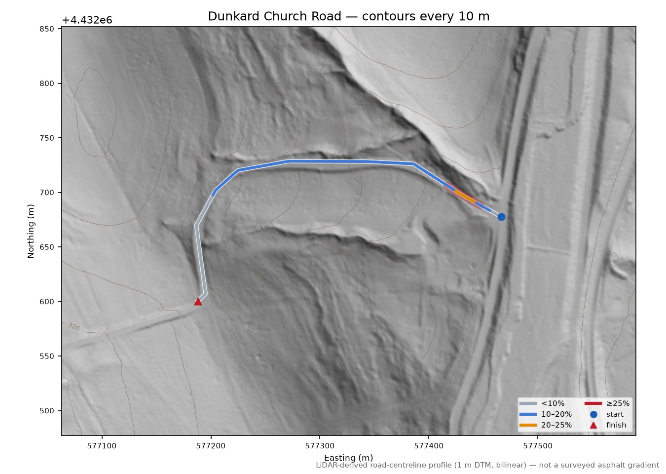 Dunkard Church Road LiDAR hillshade map with contours