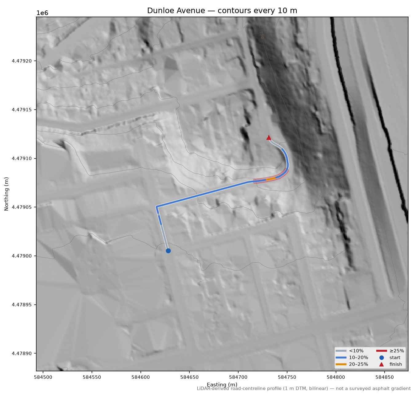 Dunloe Avenue LiDAR hillshade map with contours