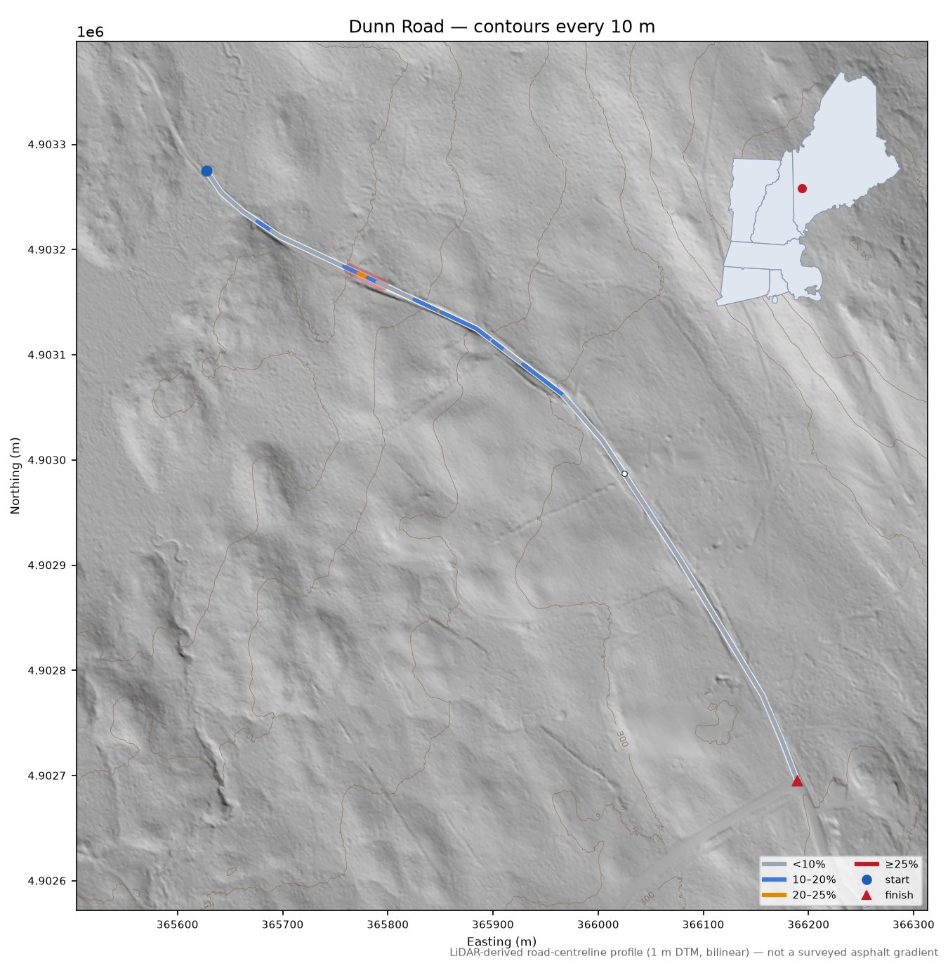 Dunn Road LiDAR hillshade map with contours