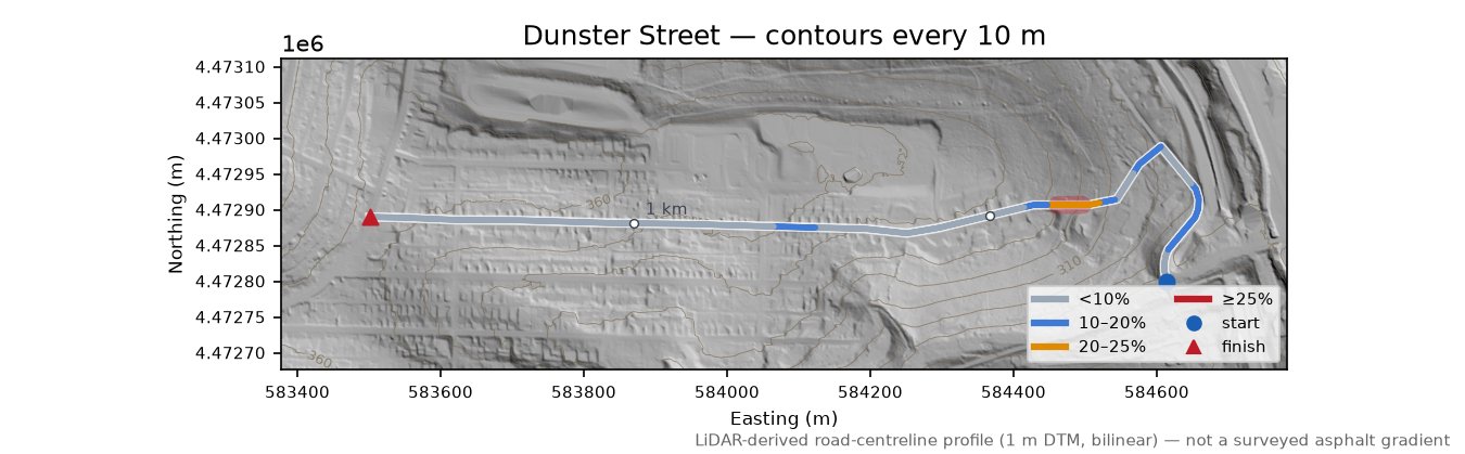 Dunster Street LiDAR hillshade map with contours