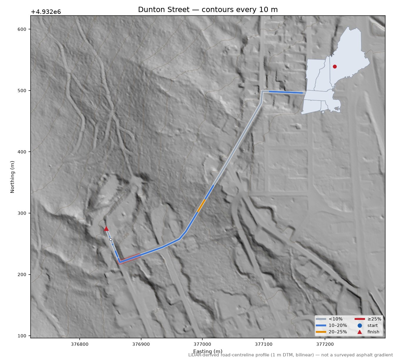 Dunton Street LiDAR hillshade map with contours