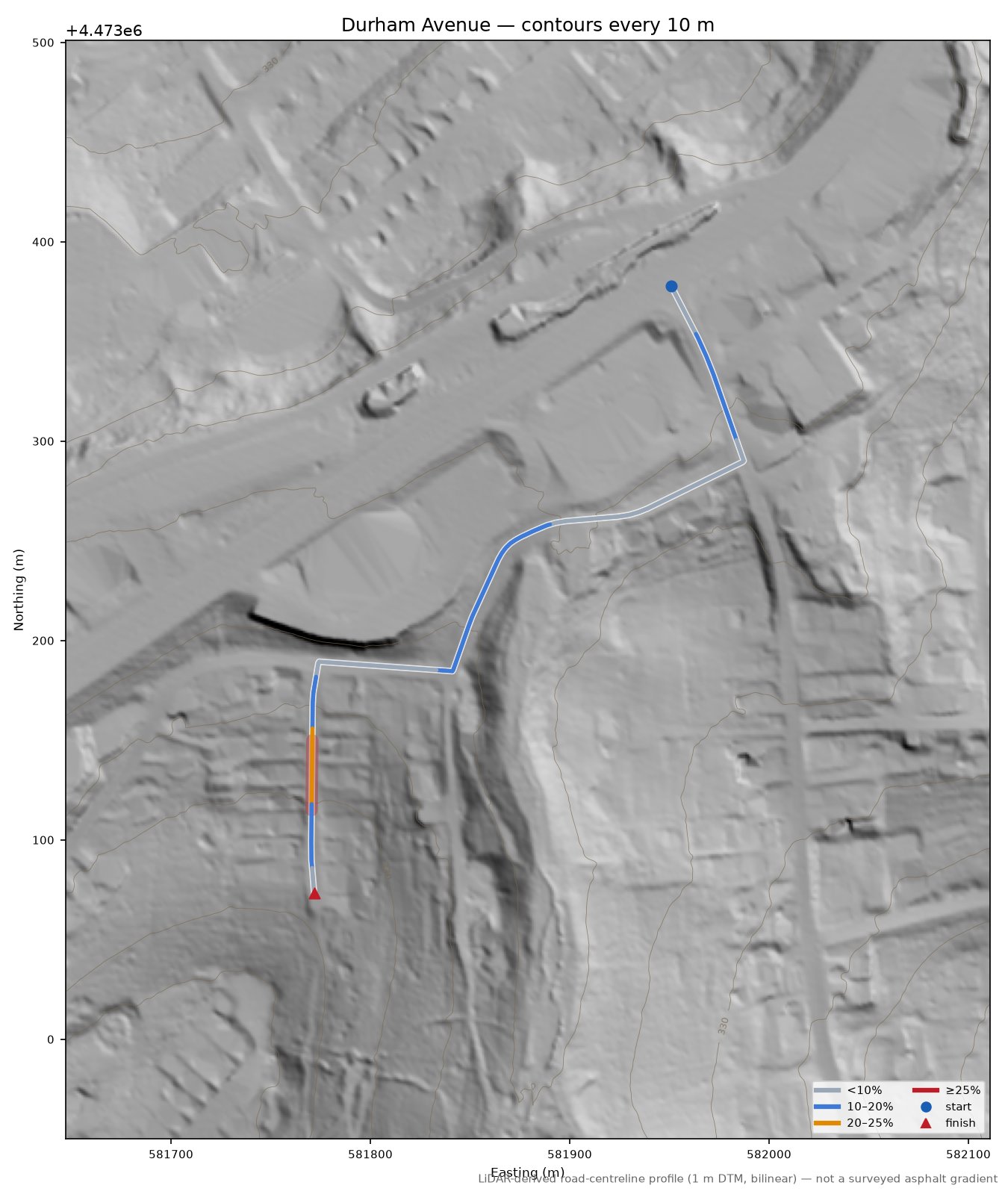 Durham Avenue LiDAR hillshade map with contours