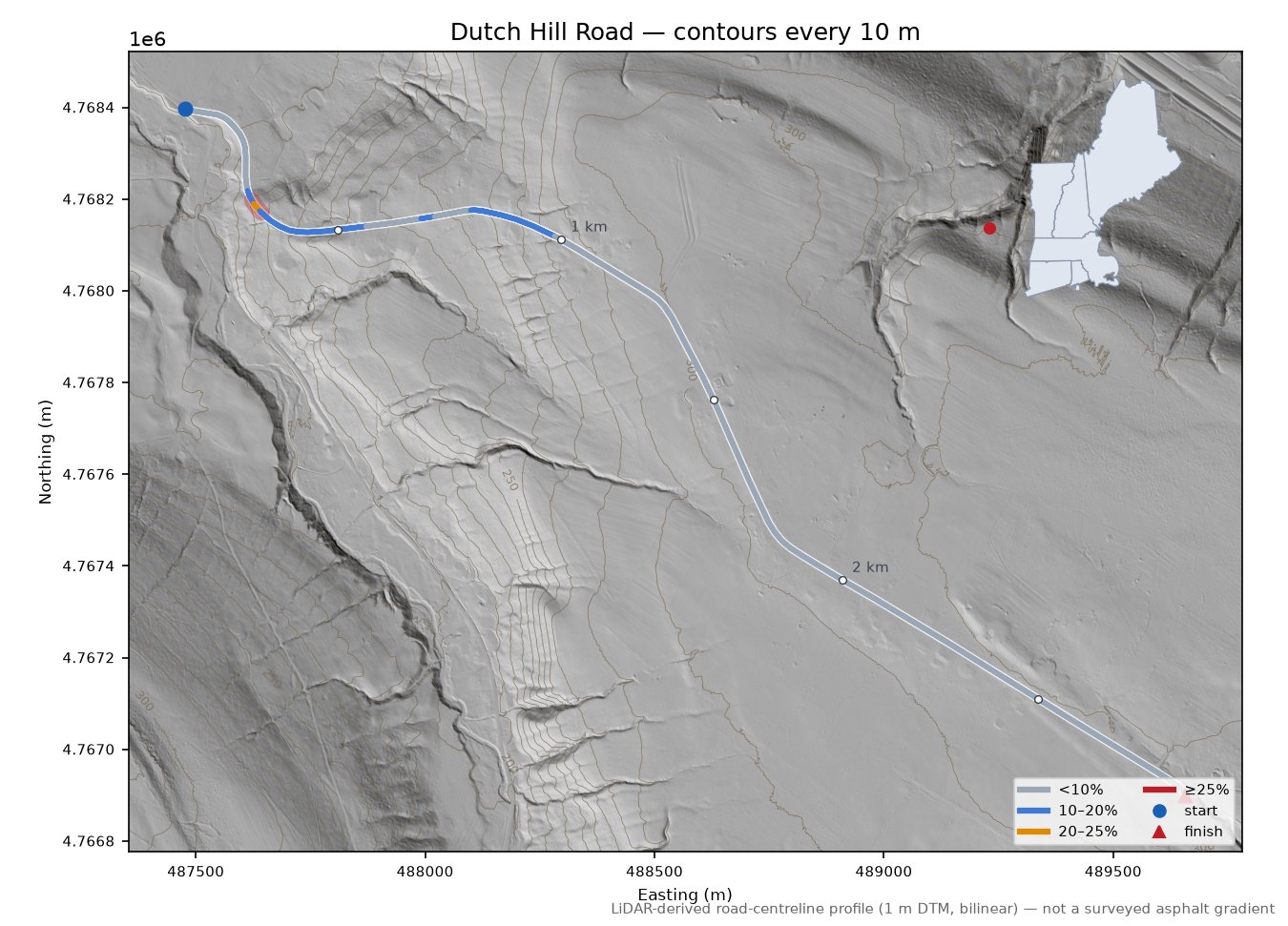 Dutch Hill Road LiDAR hillshade map with contours