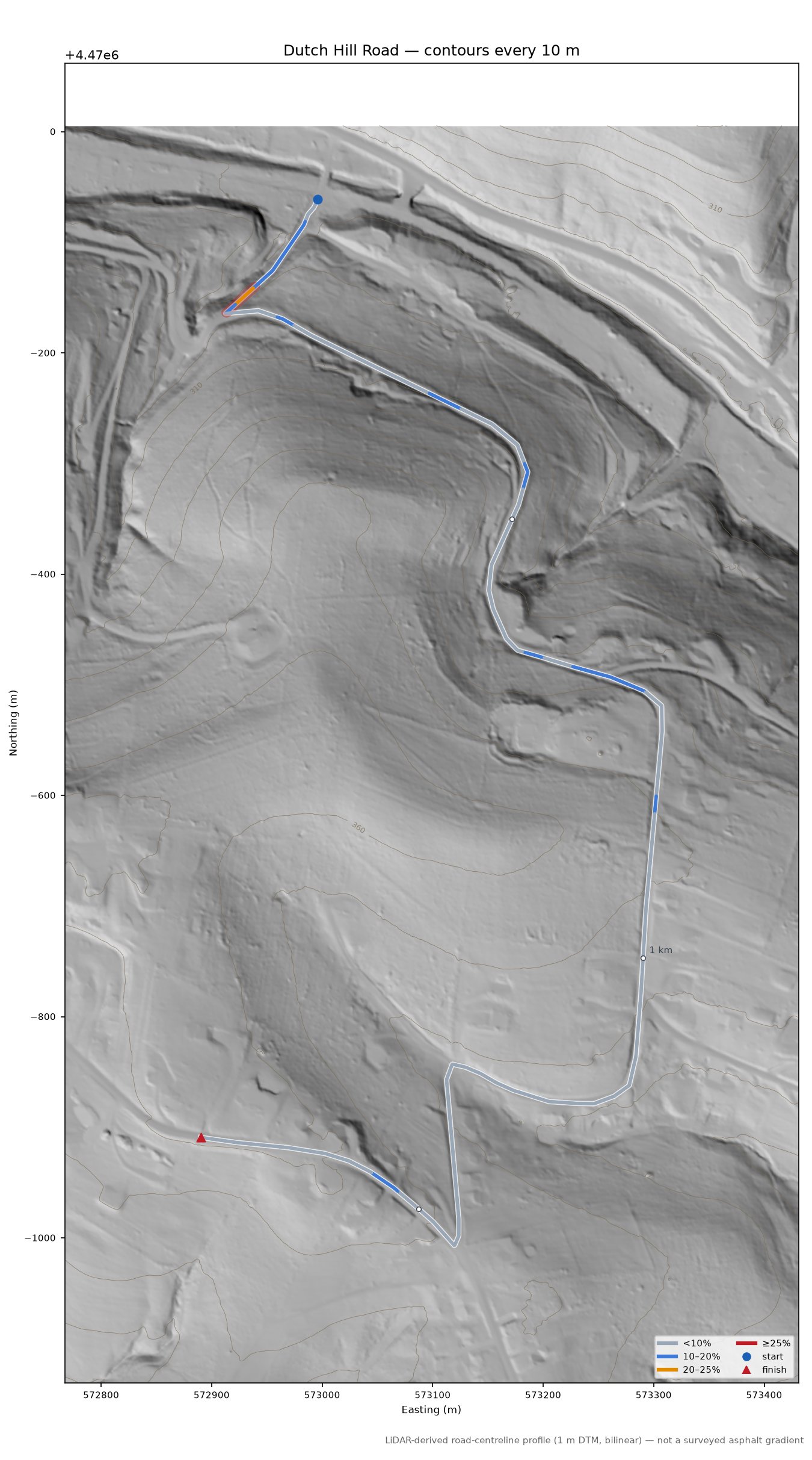 Dutch Hill Road LiDAR hillshade map with contours