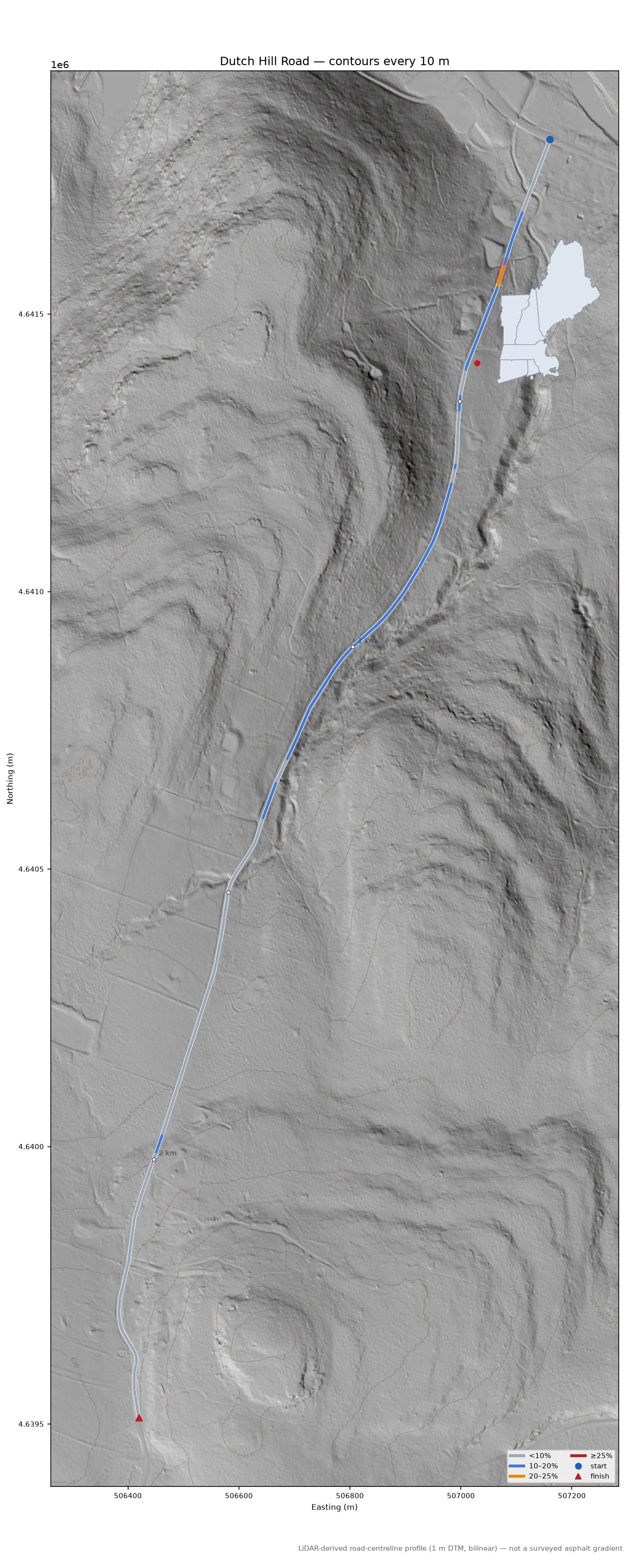 Dutch Hill Road LiDAR hillshade map with contours