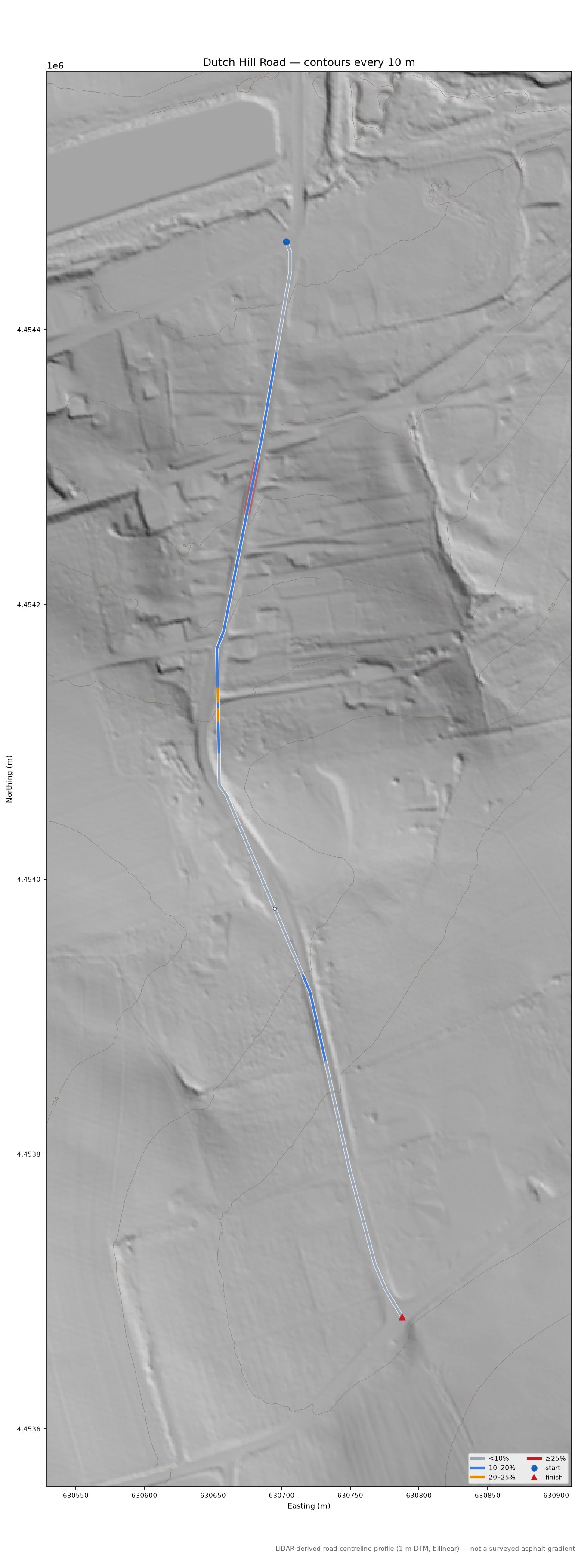 Dutch Hill Road LiDAR hillshade map with contours