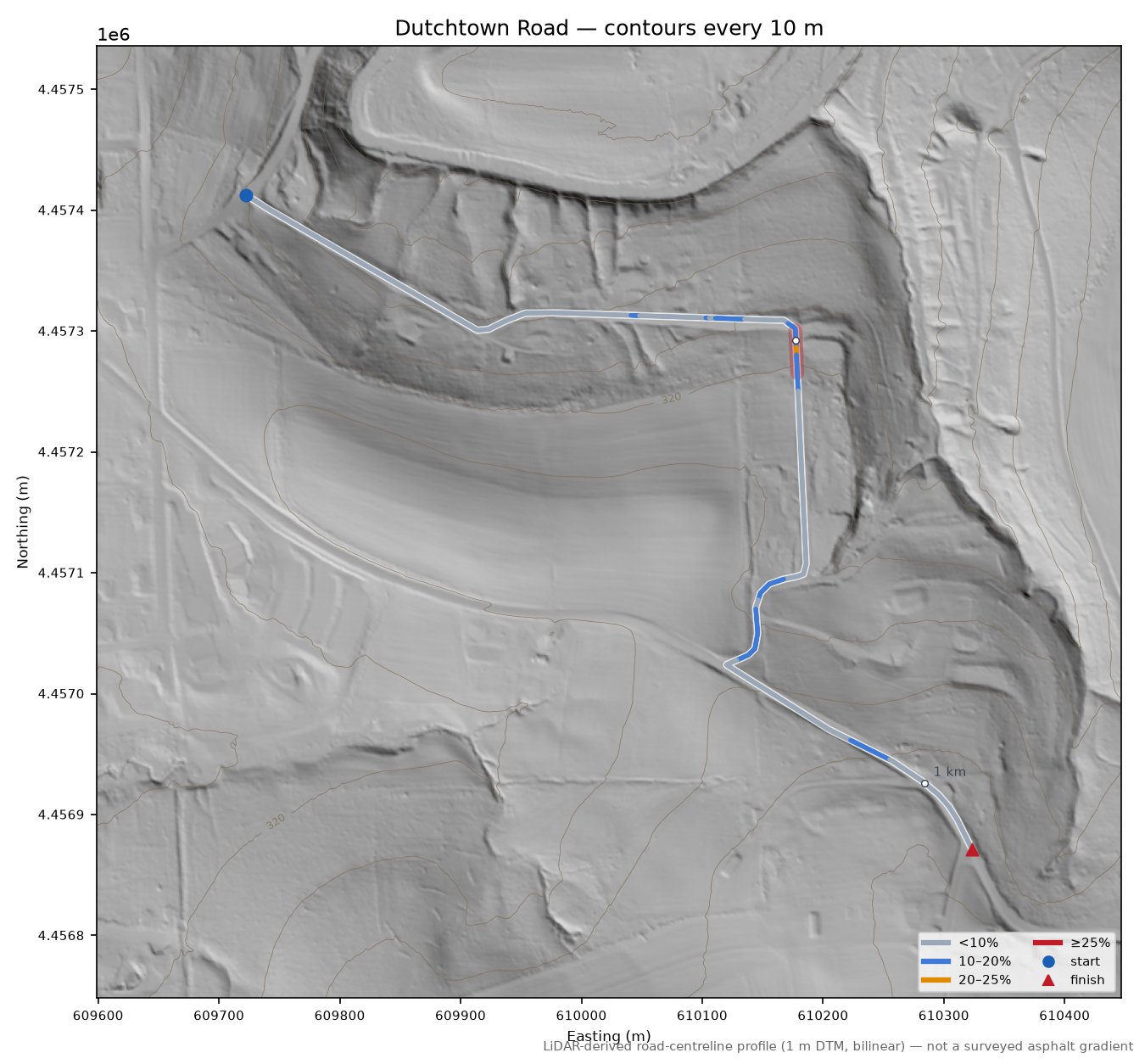 Dutchtown Road LiDAR hillshade map with contours