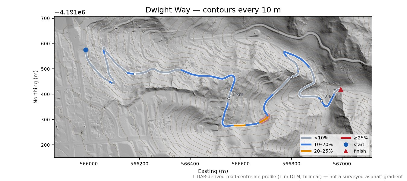Panoramic Way LiDAR hillshade map with contours