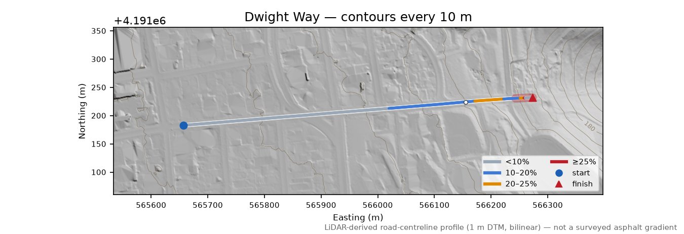 Dwight Way LiDAR hillshade map with contours