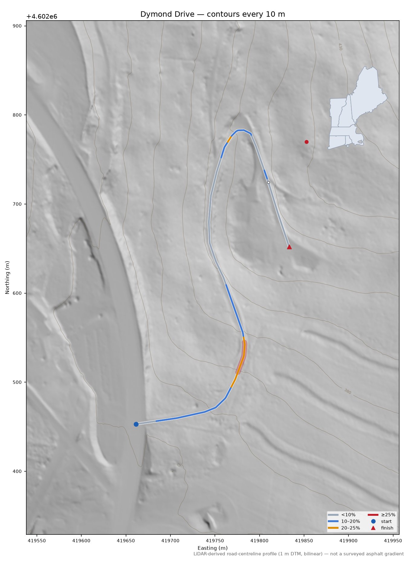 Dymond Drive LiDAR hillshade map with contours