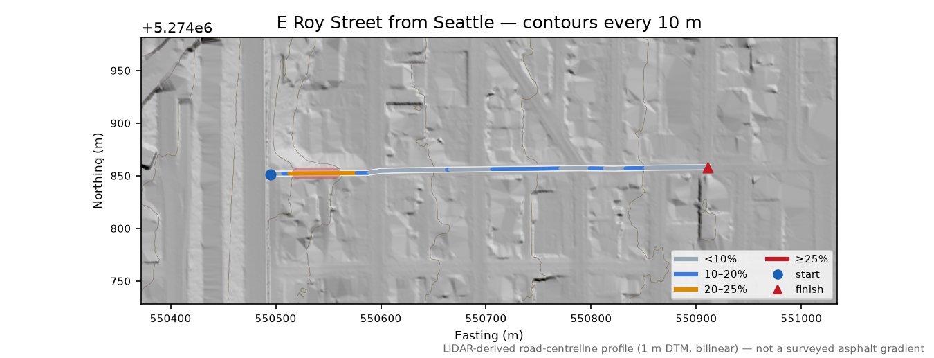 E Roy Street from Seattle LiDAR hillshade map with contours