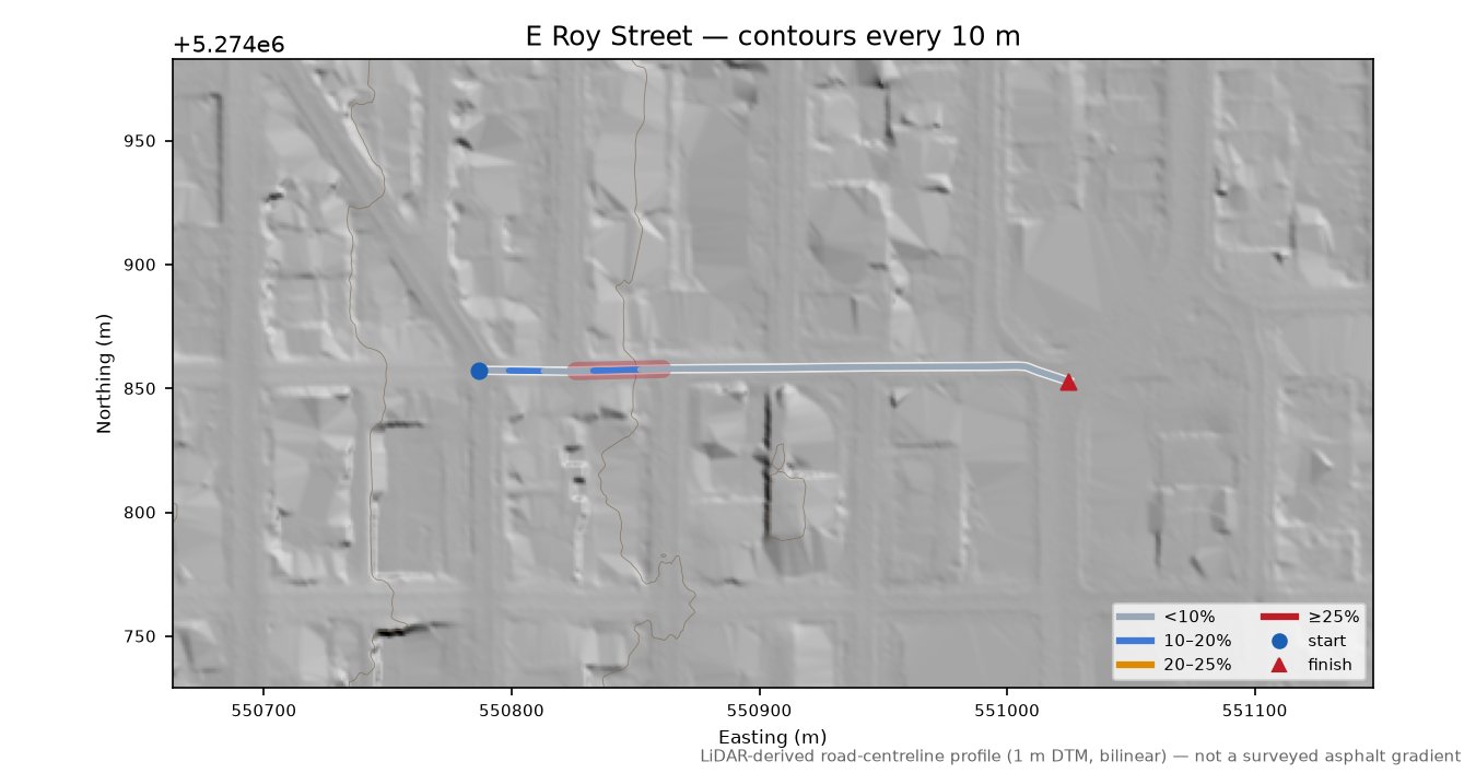 E Roy Street LiDAR hillshade map with contours