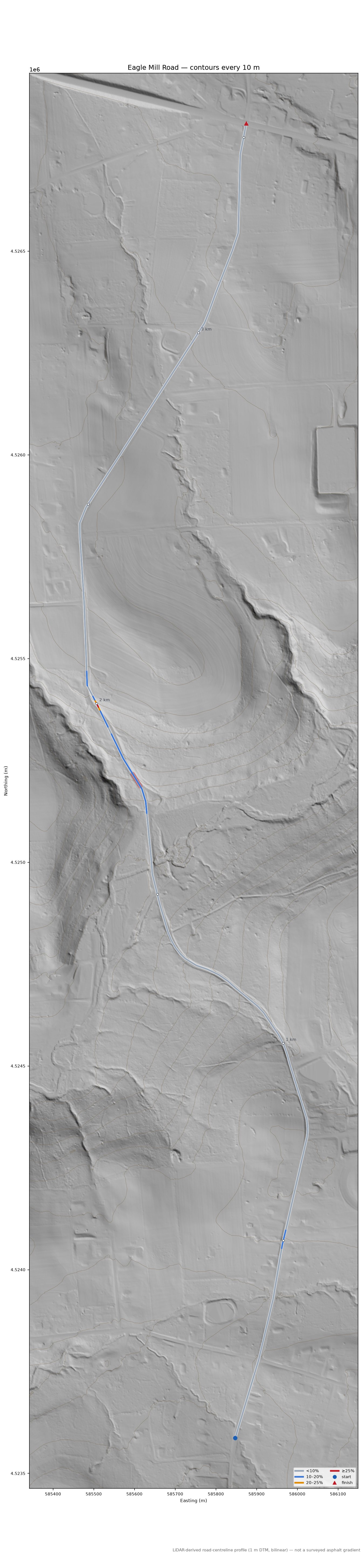 Eagle Mill Road LiDAR hillshade map with contours