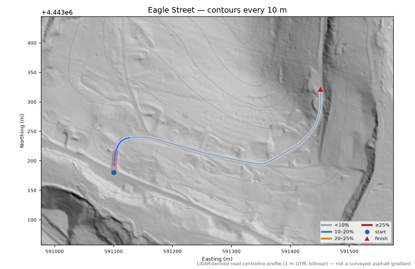 Eagle Street LiDAR hillshade map with contours