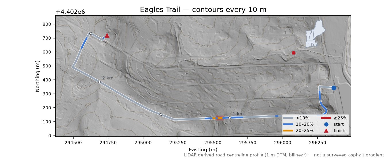 Eagles Trail LiDAR hillshade map with contours