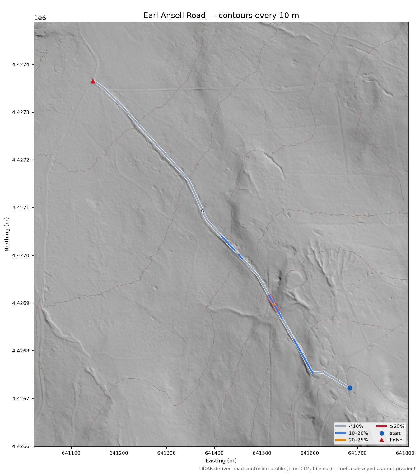 Earl Ansell Road LiDAR hillshade map with contours