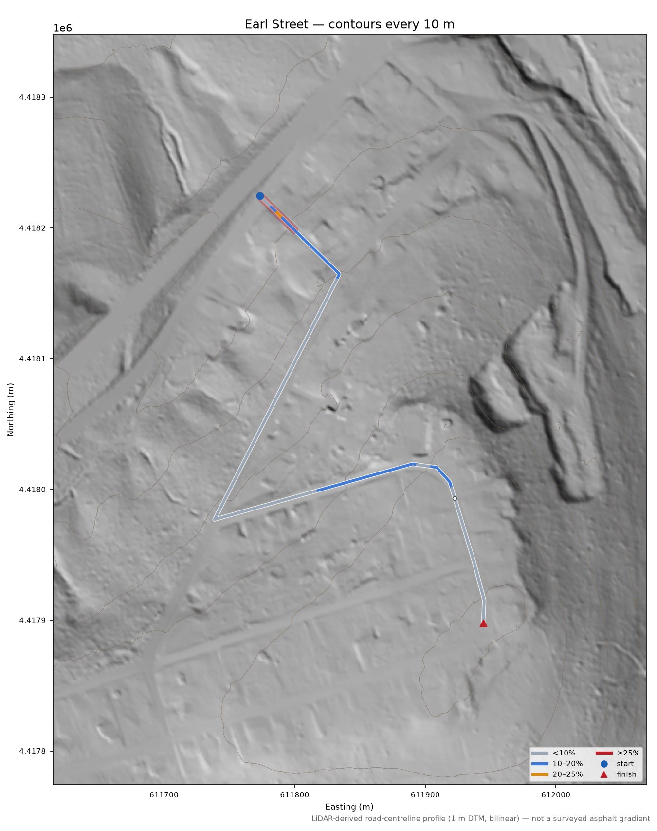 Earl Street LiDAR hillshade map with contours