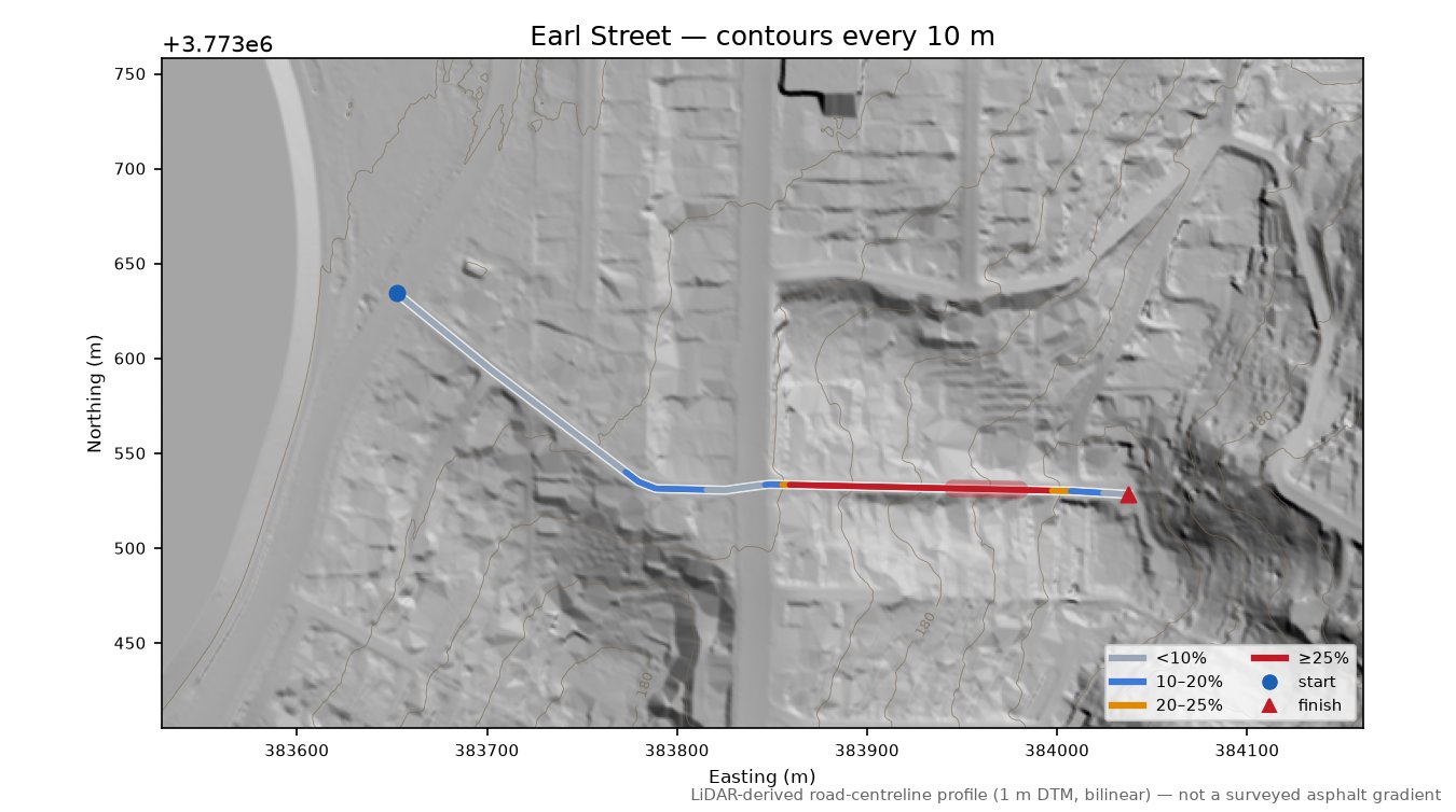 Earl Street LiDAR hillshade map with contours