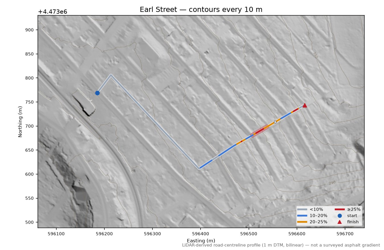 Earl Street LiDAR hillshade map with contours