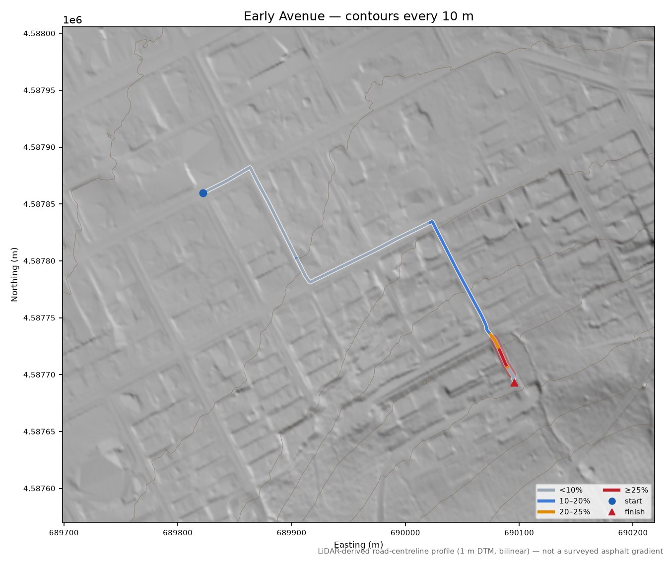Early Avenue LiDAR hillshade map with contours