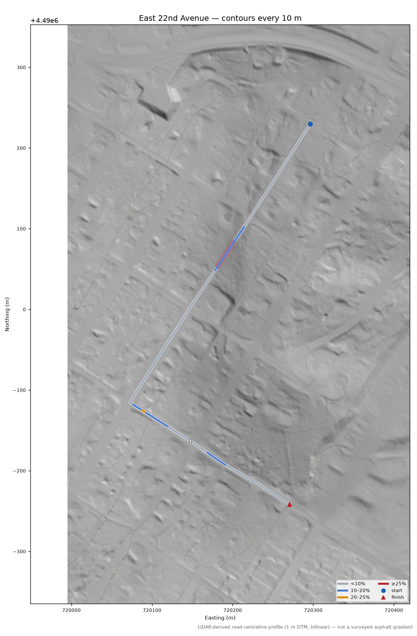 East 22nd Avenue LiDAR hillshade map with contours