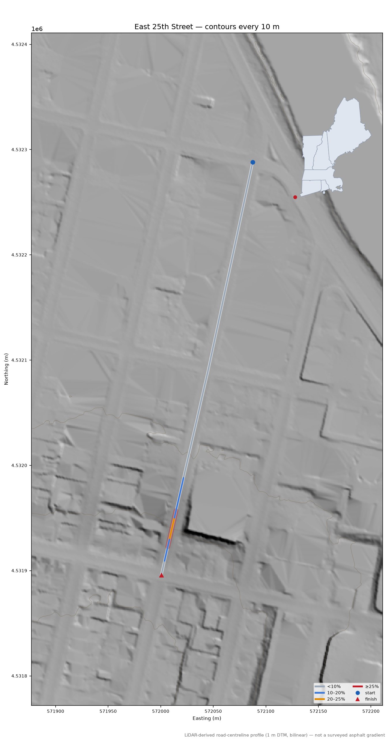 East 25th Street LiDAR hillshade map with contours