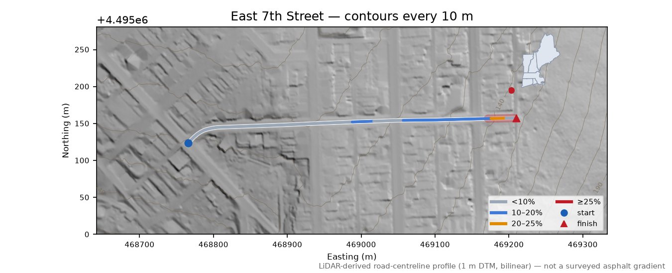 East 7th Street LiDAR hillshade map with contours