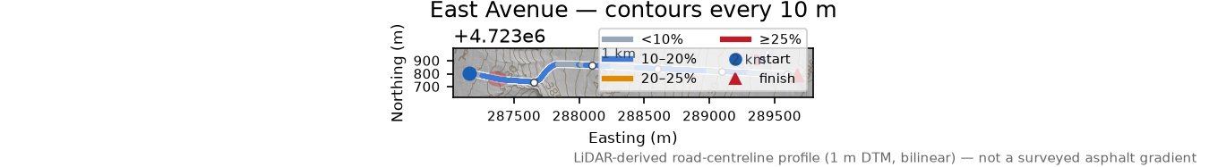 East Avenue LiDAR hillshade map with contours