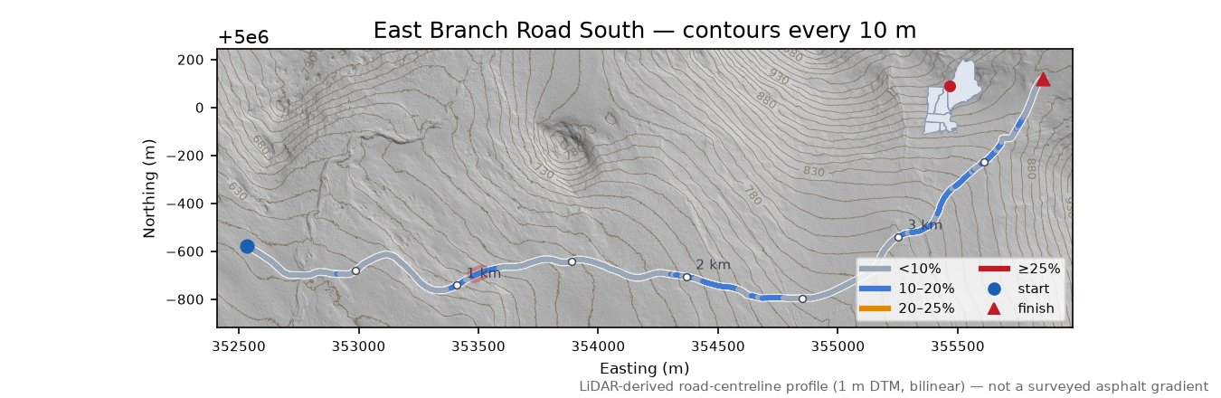 East Branch Road South LiDAR hillshade map with contours
